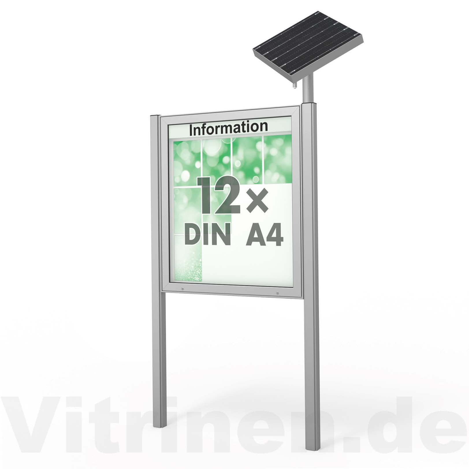 12 x DIN A4 Schaukasten Plenum eckig - der "Klassiker" mit Solar-Modul und Pfosten - Bautiefe 65mm